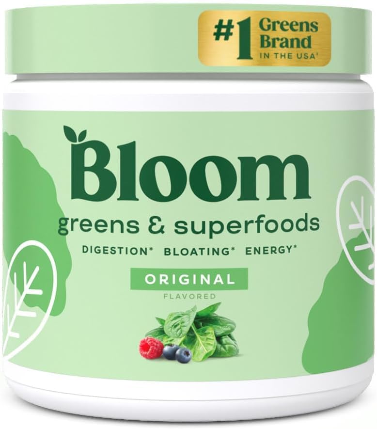 A container of Bloom brand Green and Superfoods Powder