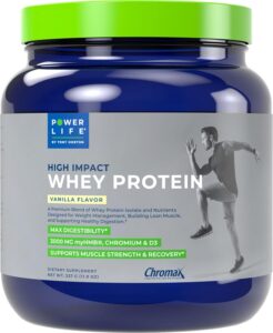 A container of Powerlife Whey Protein